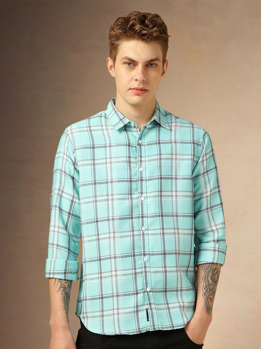 

Dennis Lingo Men Classic Tartan Checks Opaque Checked Casual Shirt, Blue