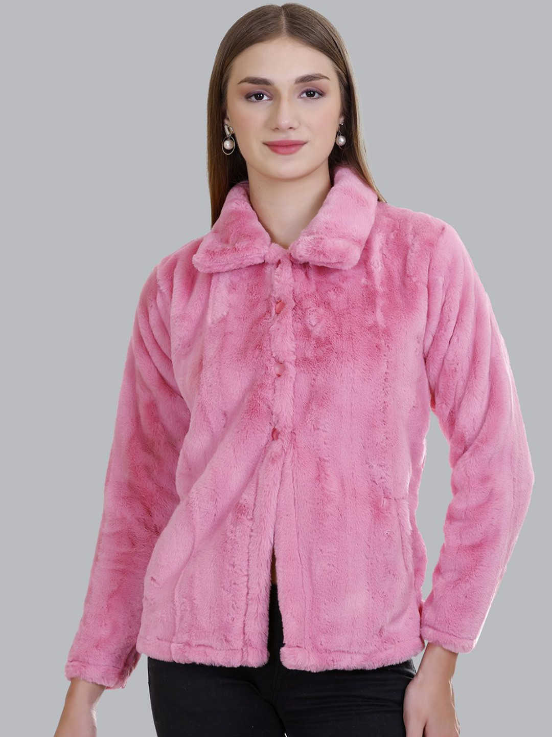 

Gouri Self design Spread Collar Winter Coat, Pink