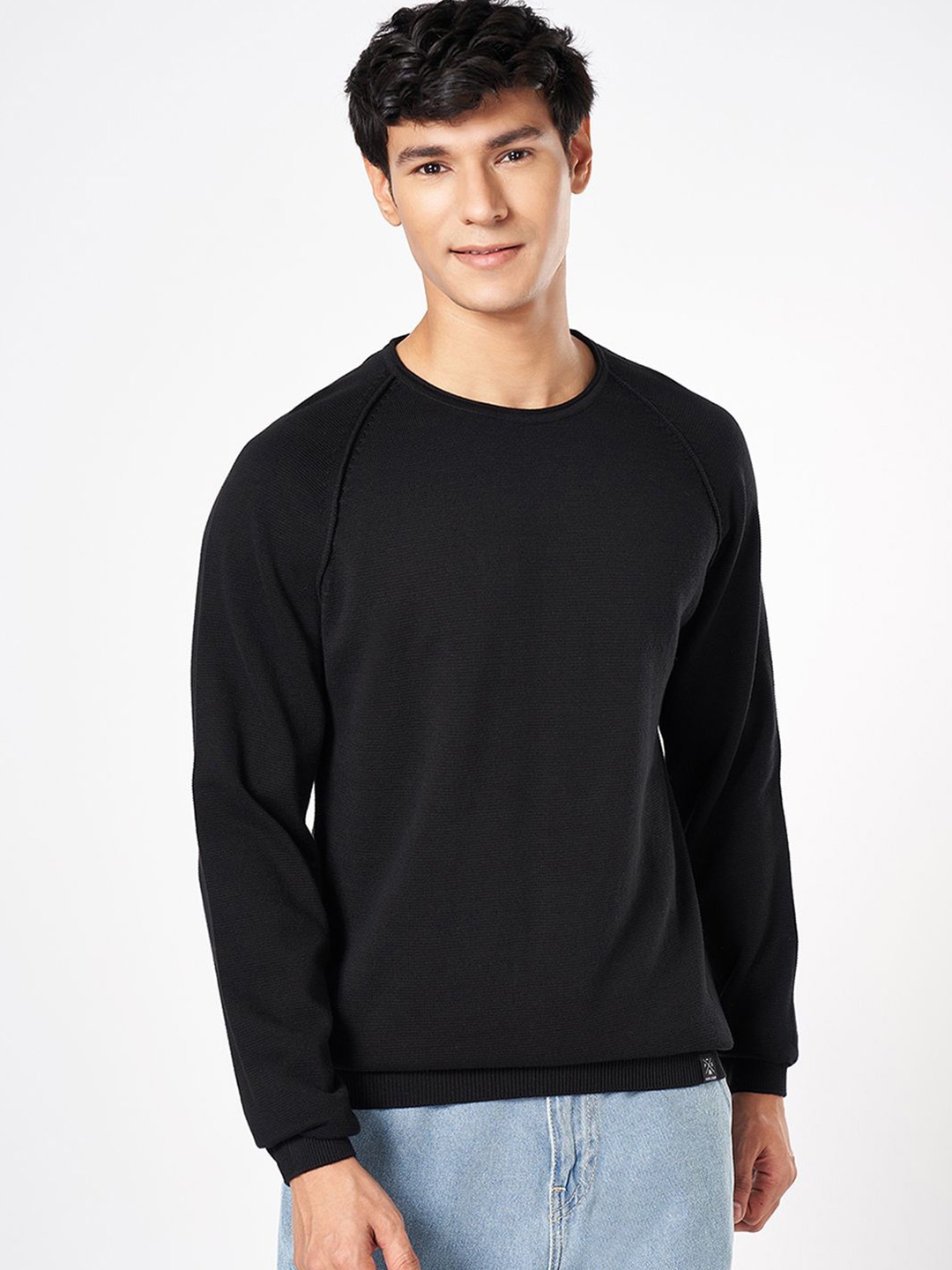 

People Men Cotton Long Sleeves Pullover Sweaters, Black