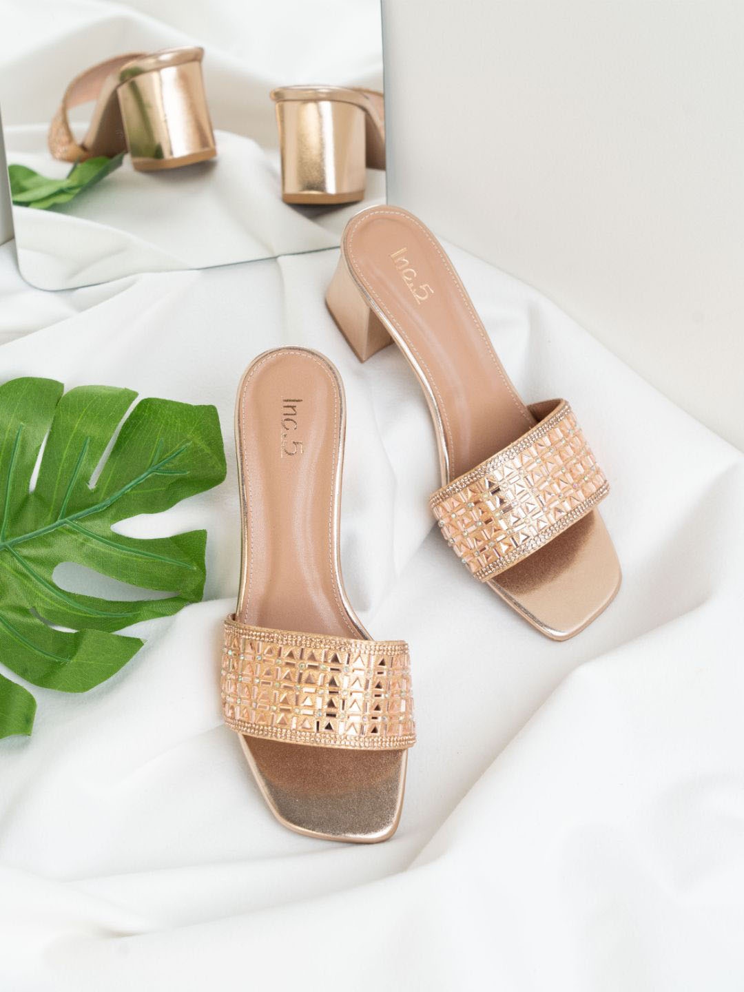 

Inc 5 Women Open Toe Block Heel Mules, Rose gold