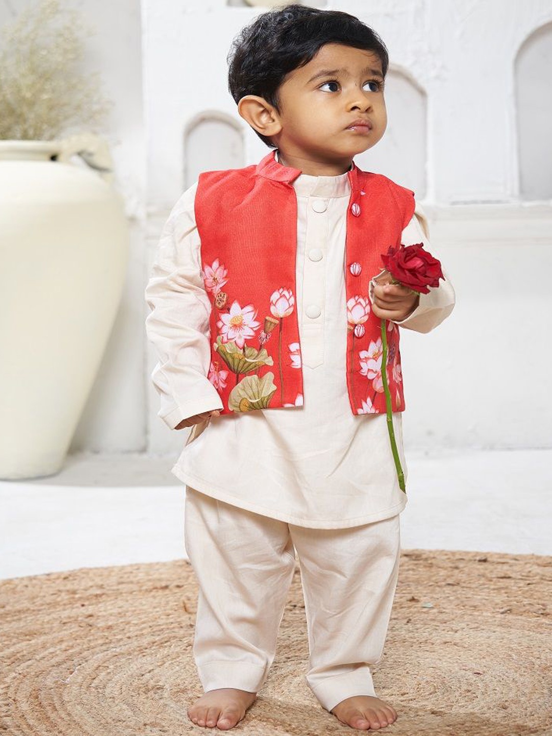 

Vivedkids Boys Mandarin Collar Pure Cotton Straight Kurta With Trousers & Jacket, Red
