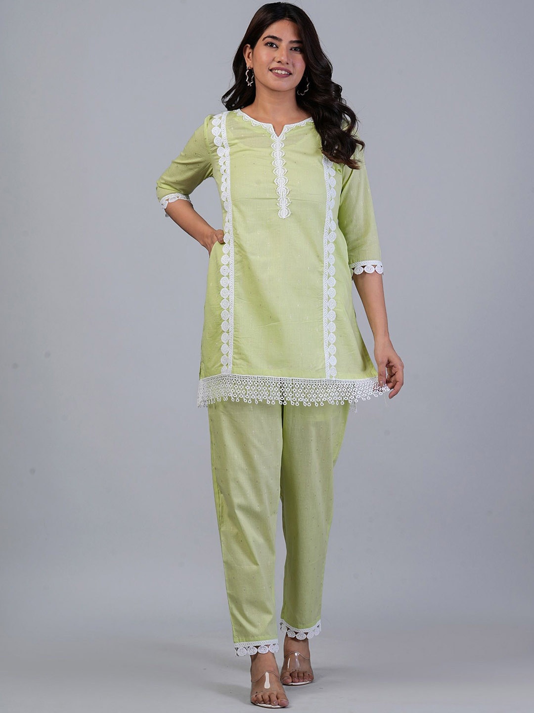

RAJPUTANA CAMISA Embroidered Pure Cotton Top with Trousers Co-Ords, Green