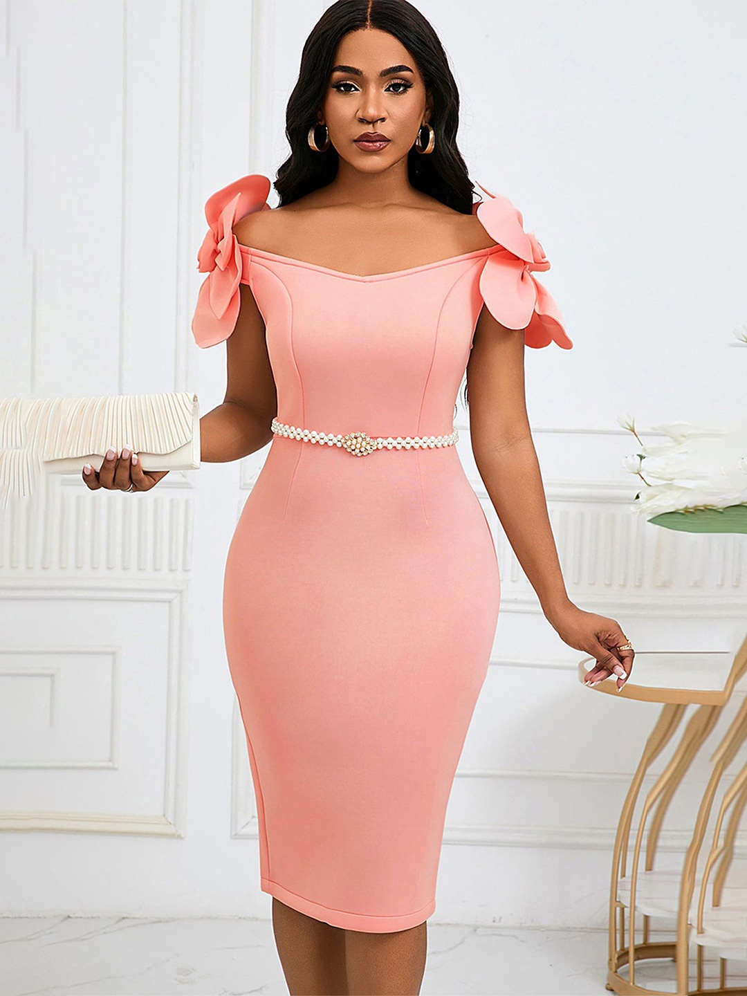 

LULU & SKY Floral Applique Off-shoulder Bodycon Dress With Belt, Peach