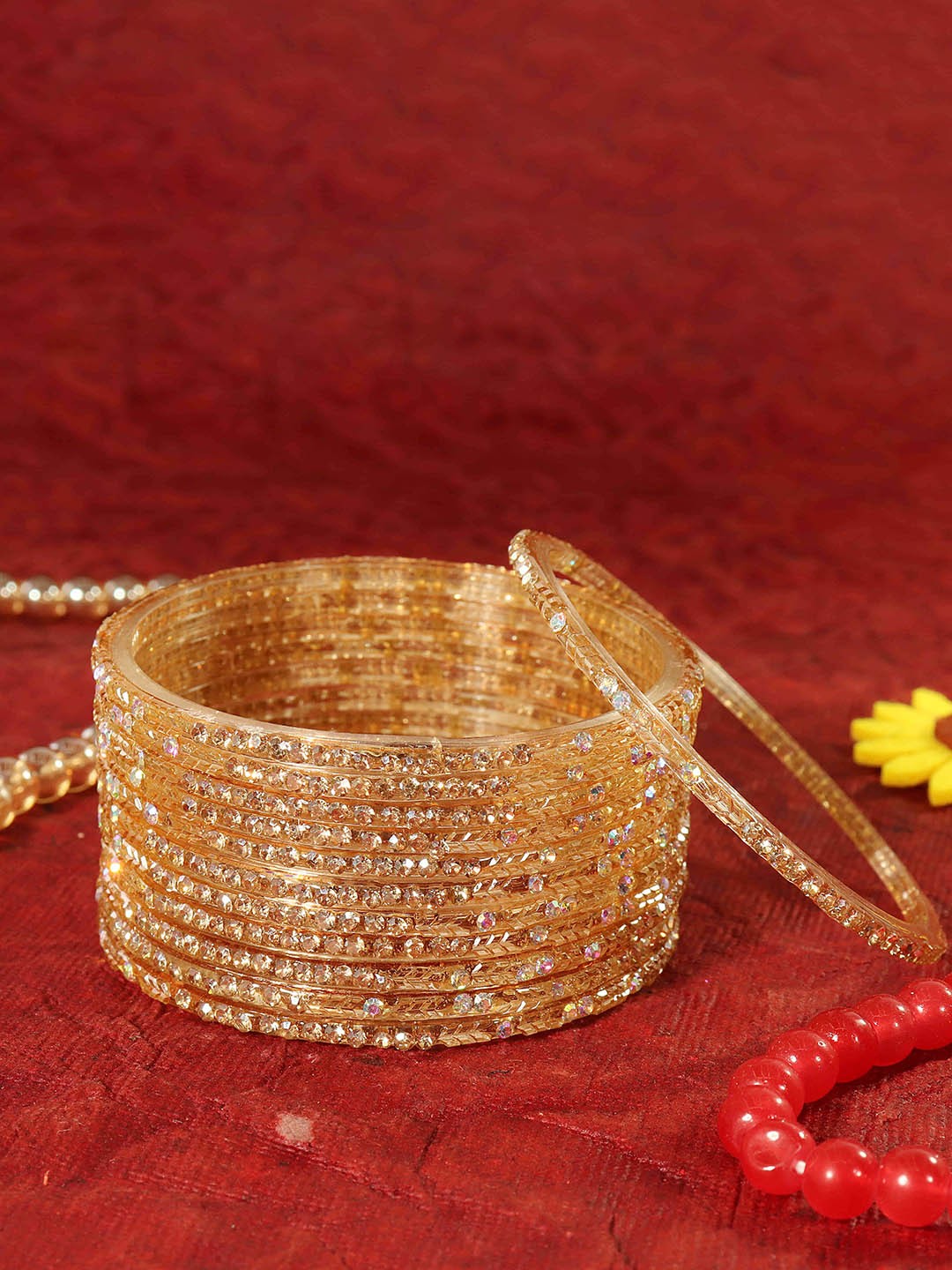 

LAVAZZA Set Of 12 Zircon Diamond Antique Crystals Stone Studded & Beads Glass Bangles, Rose gold