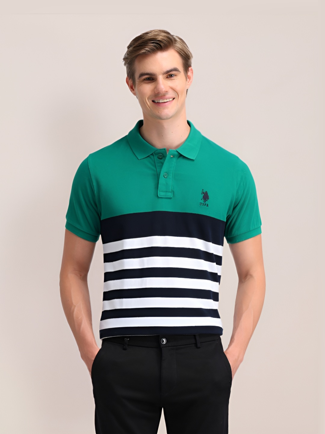 

U.S. Polo Assn. Men Striped Polo Collar Cotton Slim Fit T-shirt, Green