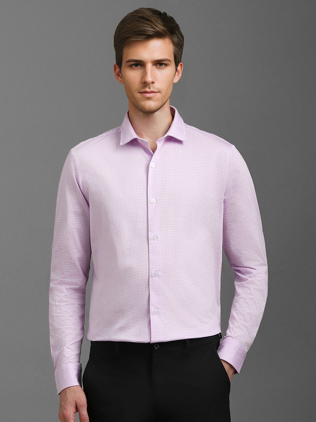 

Louis Philippe Men Spread Collar Checked Cotton Slim Fit Formal Shirt, Lavender