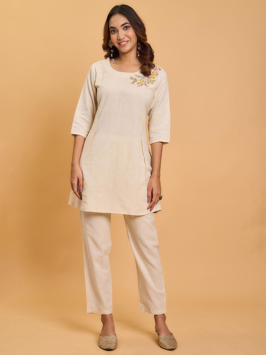 

KALINI Floral Embroidered Round Neck Pure Cotton Tunic With Trouser, White