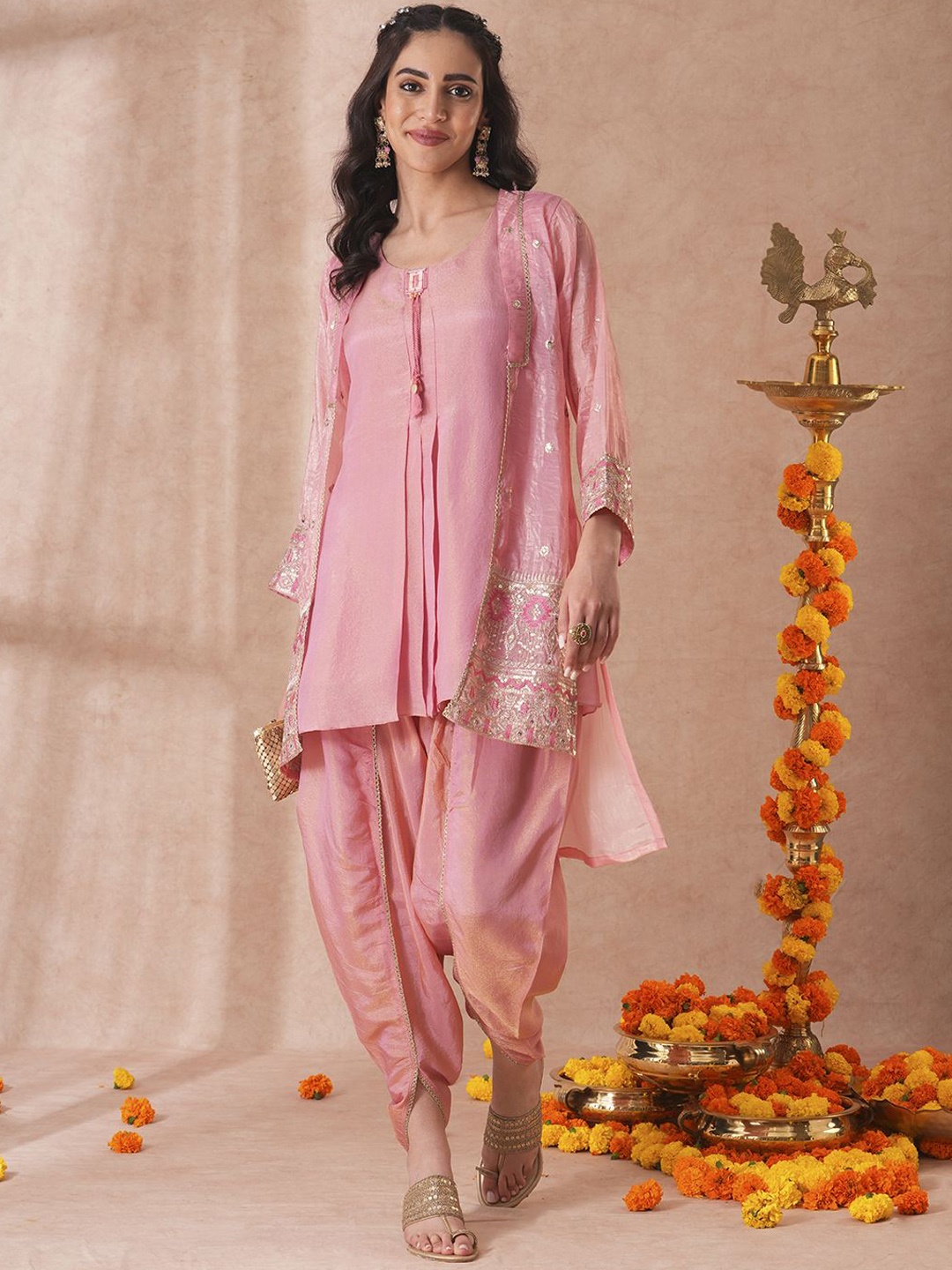 

FASHOR Pleated Tissue A-Line Kurti With Dhoti, Pink