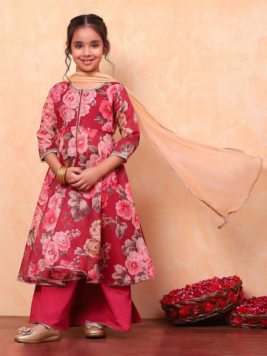 

Biba Girls Floral Printed Anarkali Kurta with Palazzos & Dupatta, Pink
