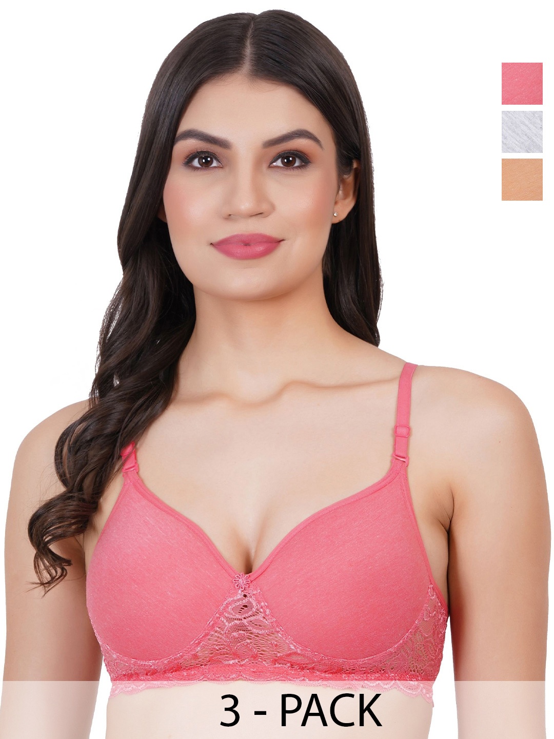 

Skin Beauty Pack Of 3 Full Coverage Cotton T-shirt Bra, Pink