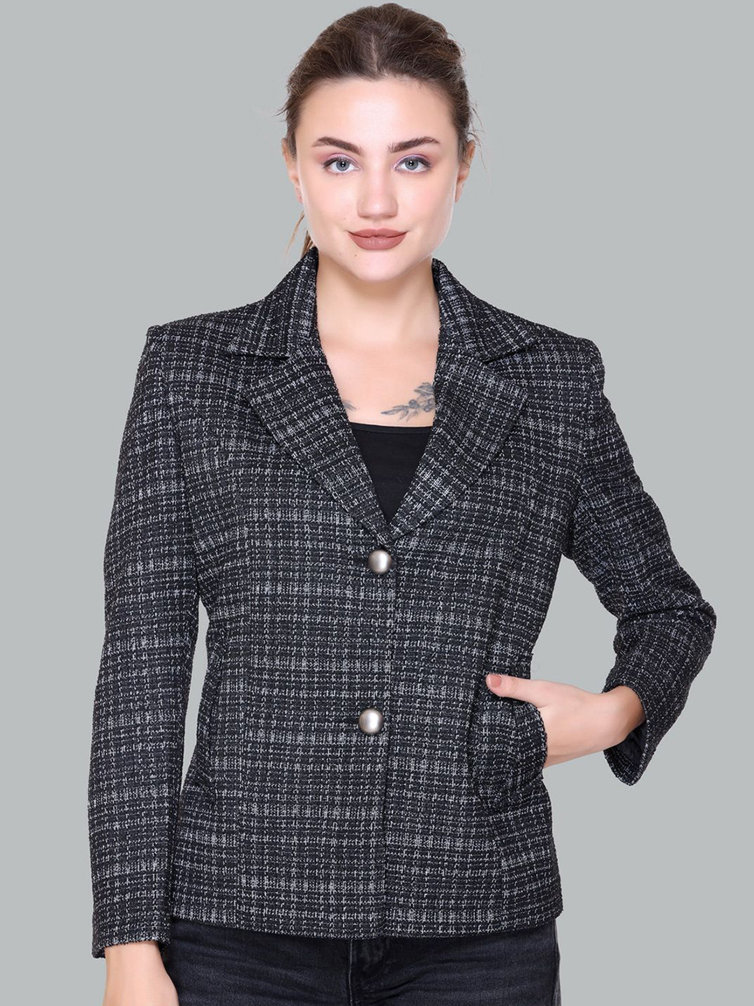 

Pink Marie Self Design Notched Lapel Woollen Single Breasted Blazer, Black