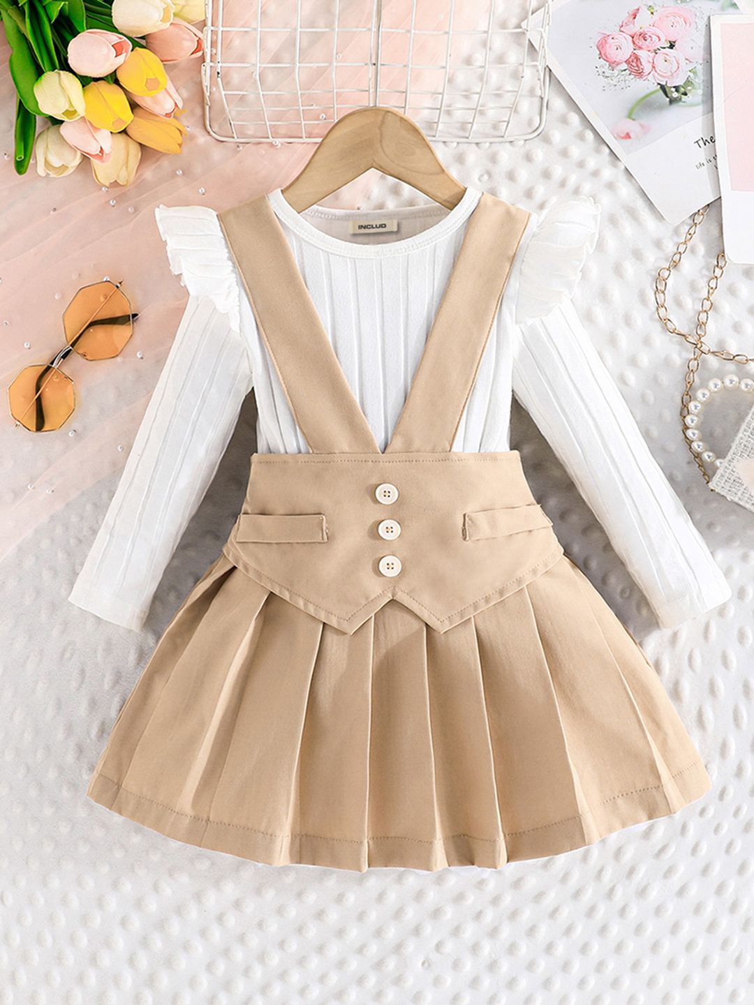 

INCLUD Girls Self Design Round Neck Long Sleeves Top With Skirt, Khaki