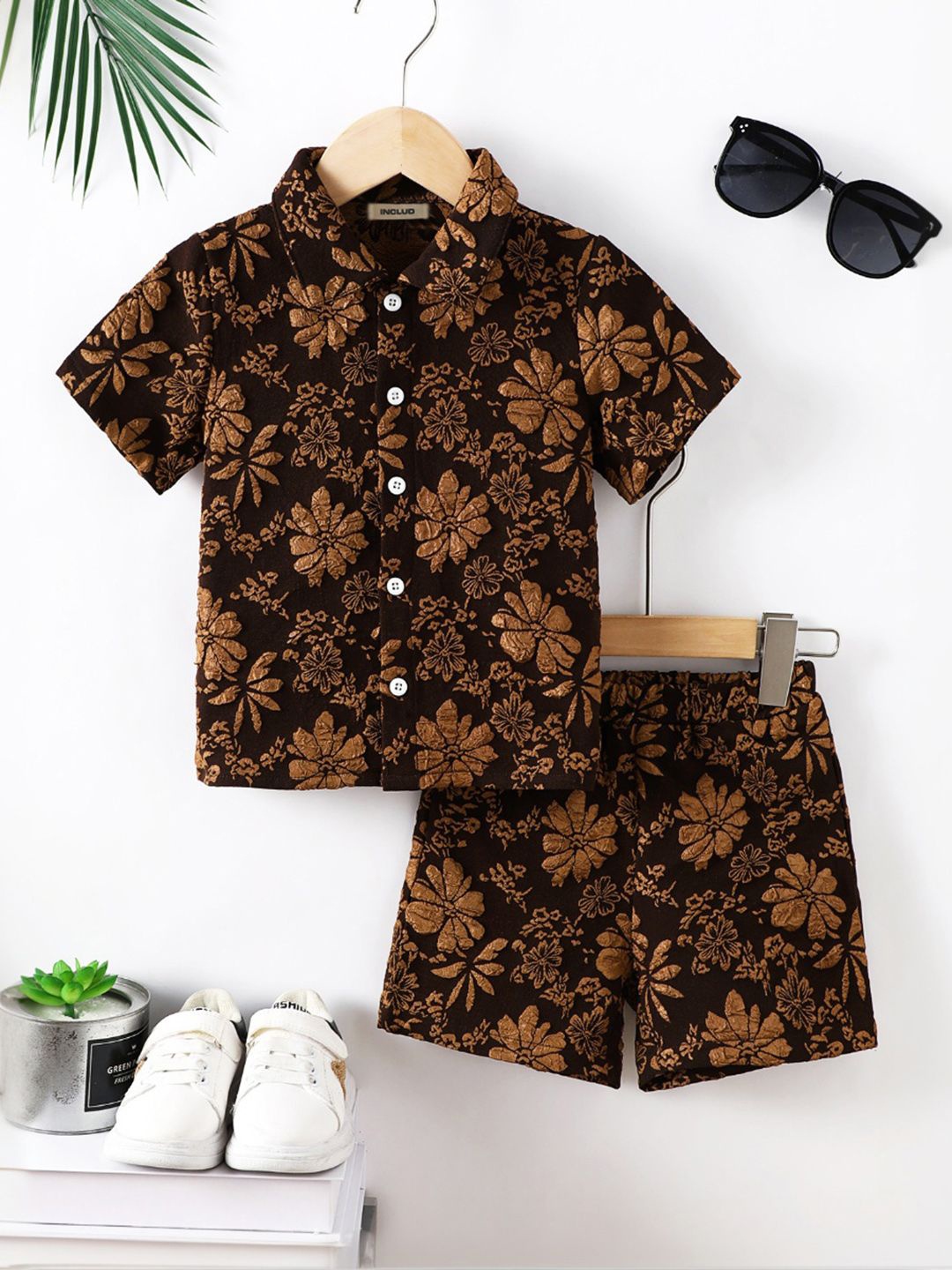 

INCLUD Boys Floral Printed Shirt with Shorts, Brown