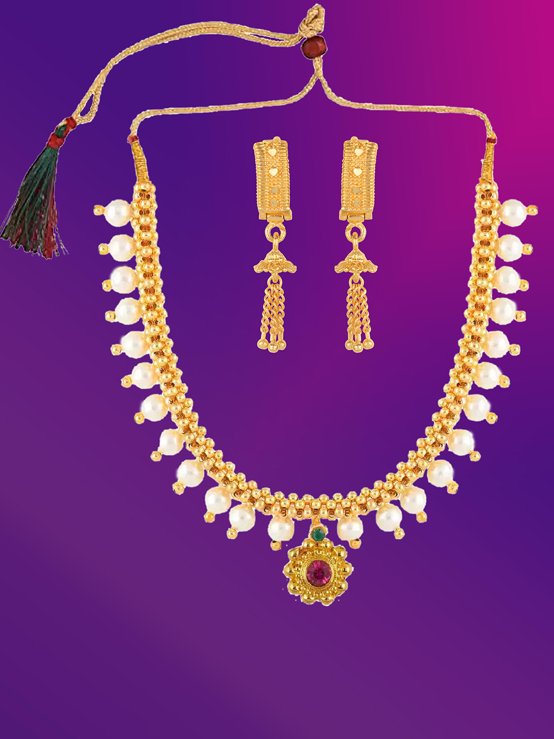 

Lila Gold Plated Stones Studded & Beaded Jewellery Set