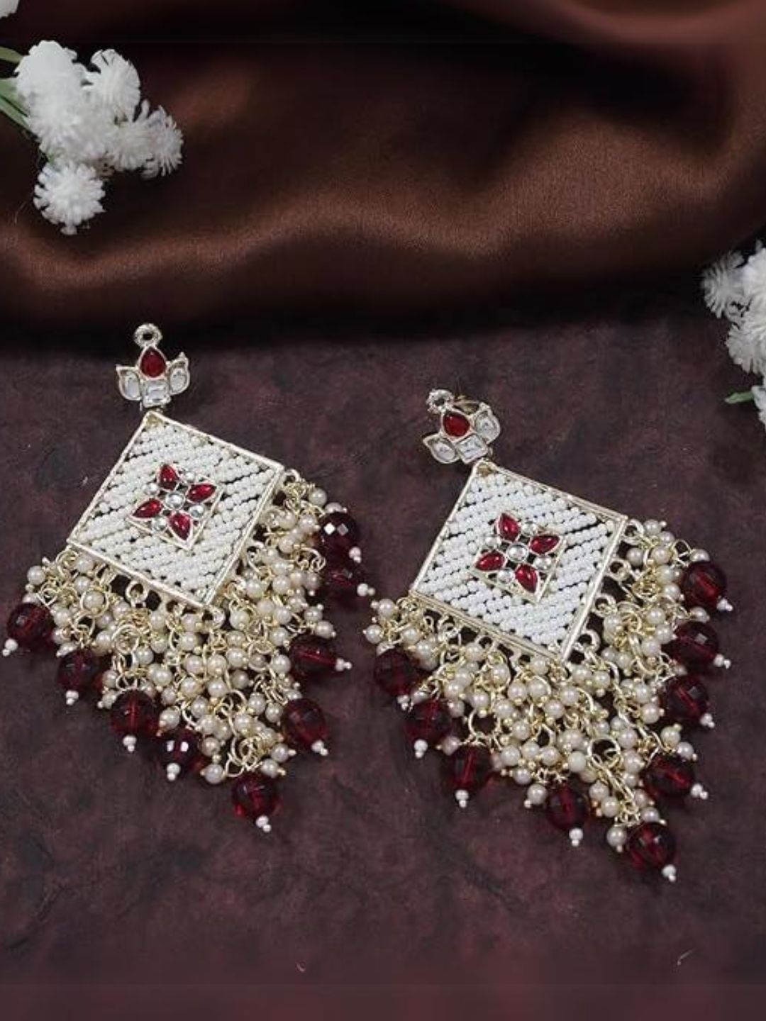 

I Jewels Gold-Plated Kundan Studded & Beaded Contemporary Drop Earrings