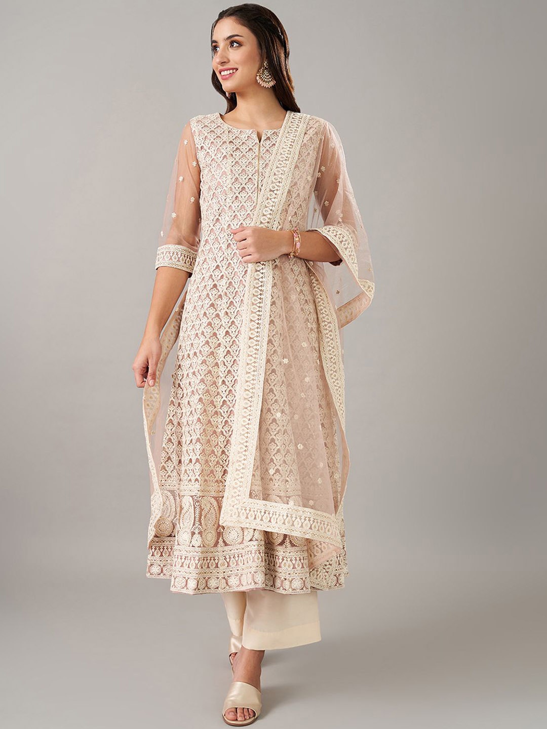 

RANGMANCH BY PANTALOONS Embroidered Thread Work Anarkali Kurta with Palazzos & Dupatta, Rust