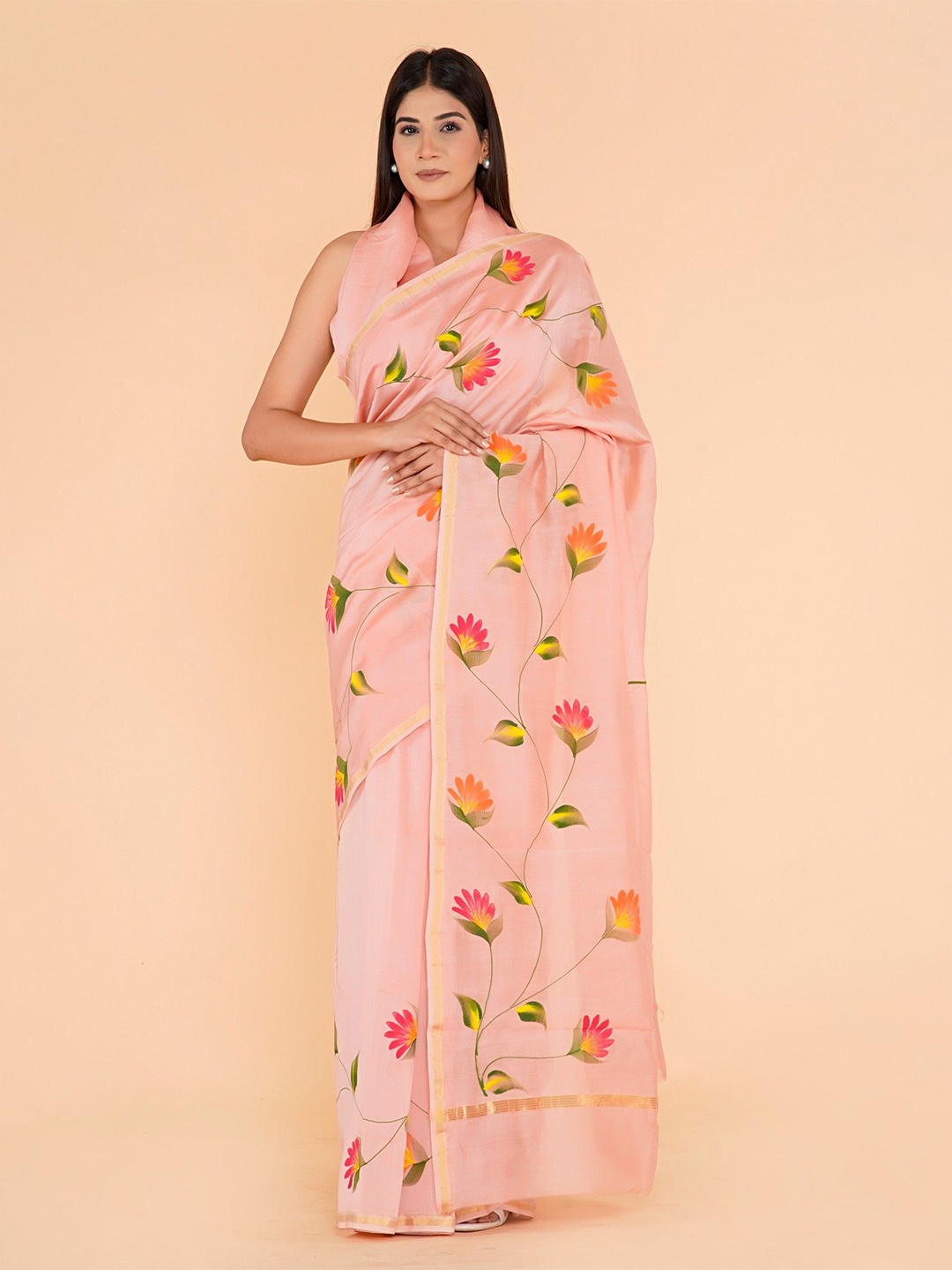 

Shivanya Handicrafts Floral Zari Pure Silk Block Print Saree, Peach