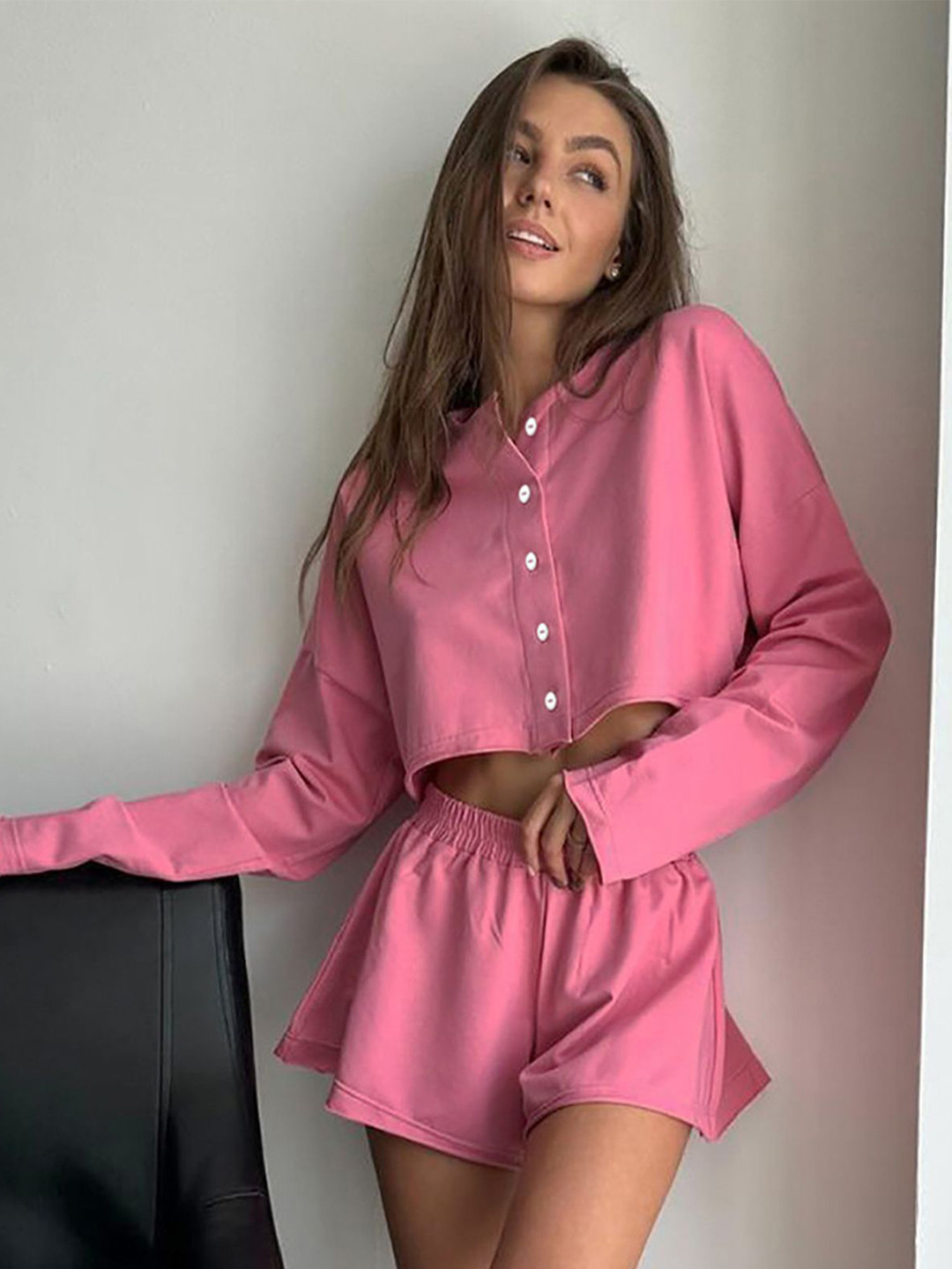 

LULU & SKY Women Long Sleeves Round Neck Night Suits, Pink