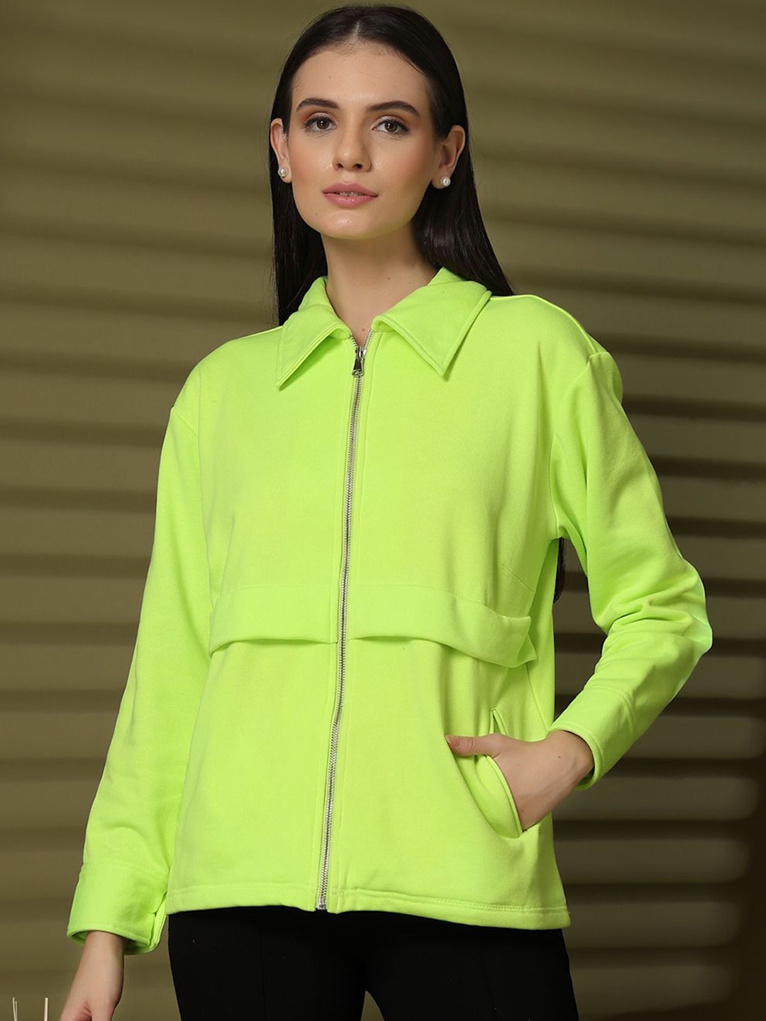 

plusS Women Spread Collar Solid Fleece Casual Open Front Jacket, Lime green