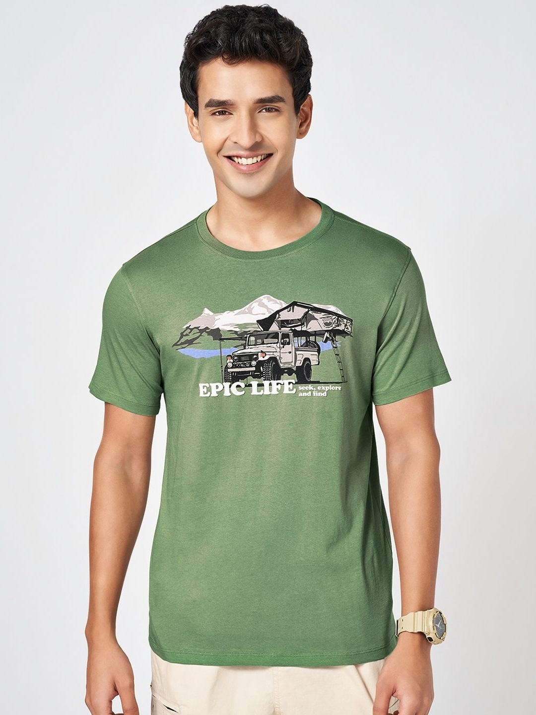 

Urban Ranger by pantaloons Men Graphic Printed Round Neck Cotton Slim Fit T-shirt, Green