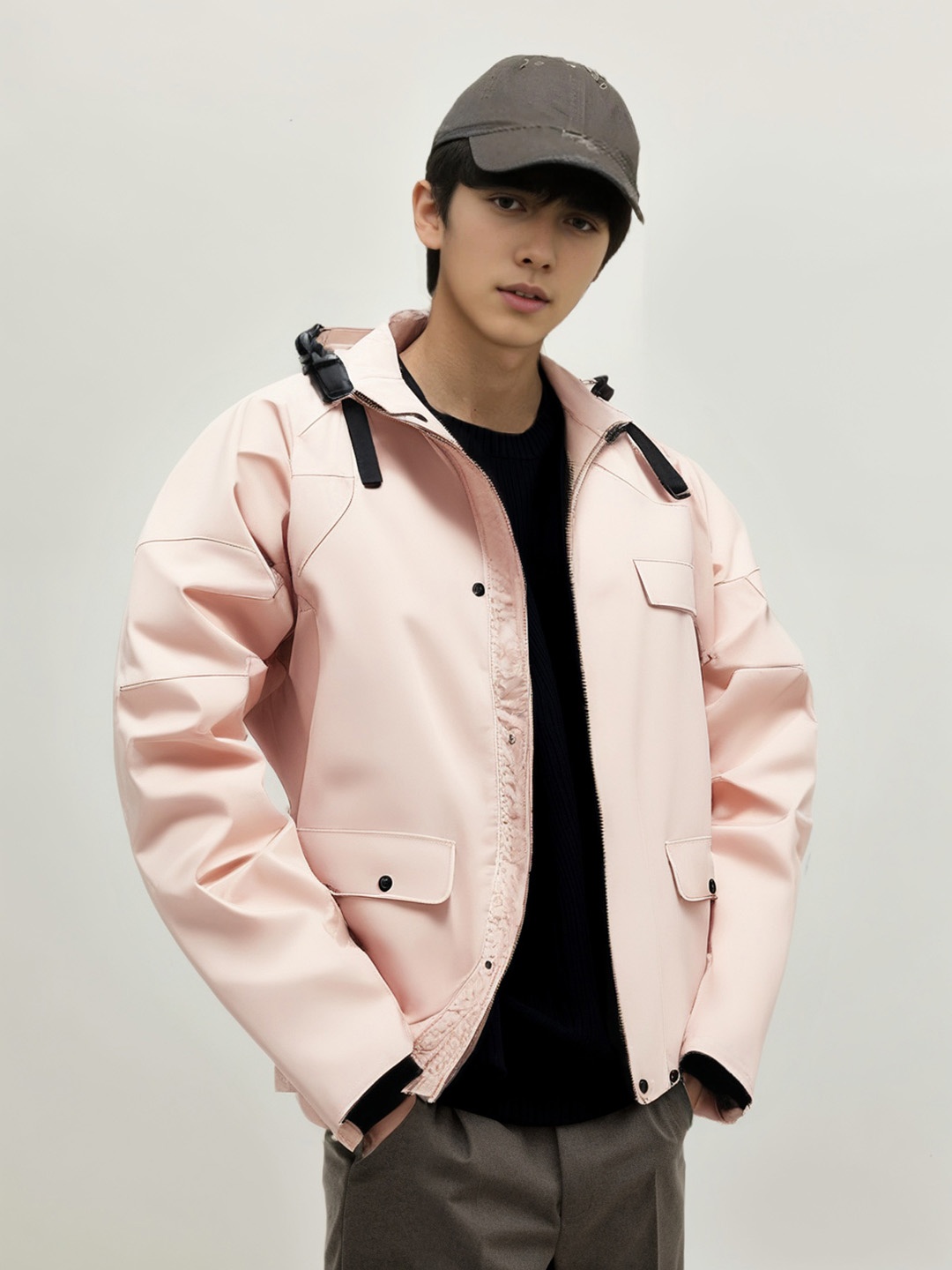 

StyleCast x Revolte Men Hooded Solid Casual Bomber Jacket, Pink