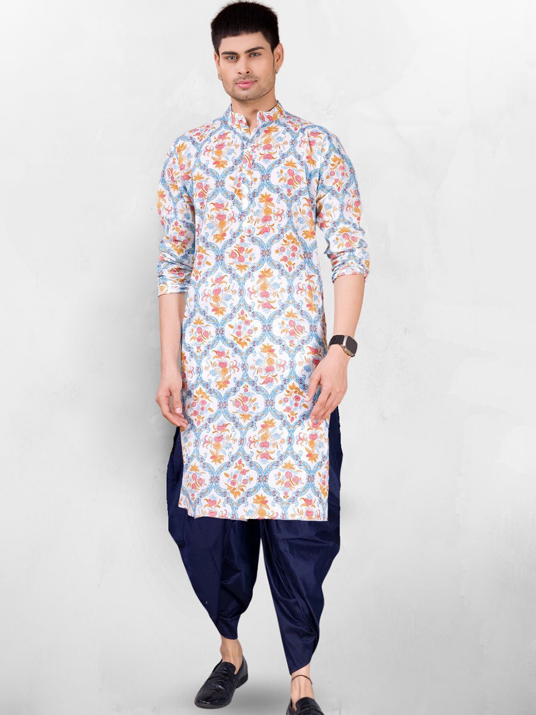 

SHIWAM ETHNIX Ethnic Motifs Printed Mandarin Collar Straight Kurta With Dhoti Pants, Blue