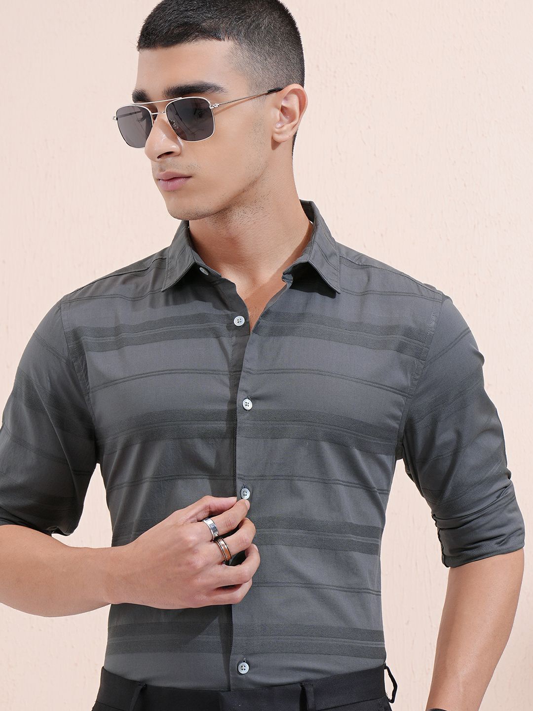 

Highlander Men Charcoal Dobby Textured Striped Casual Shirt, Grey