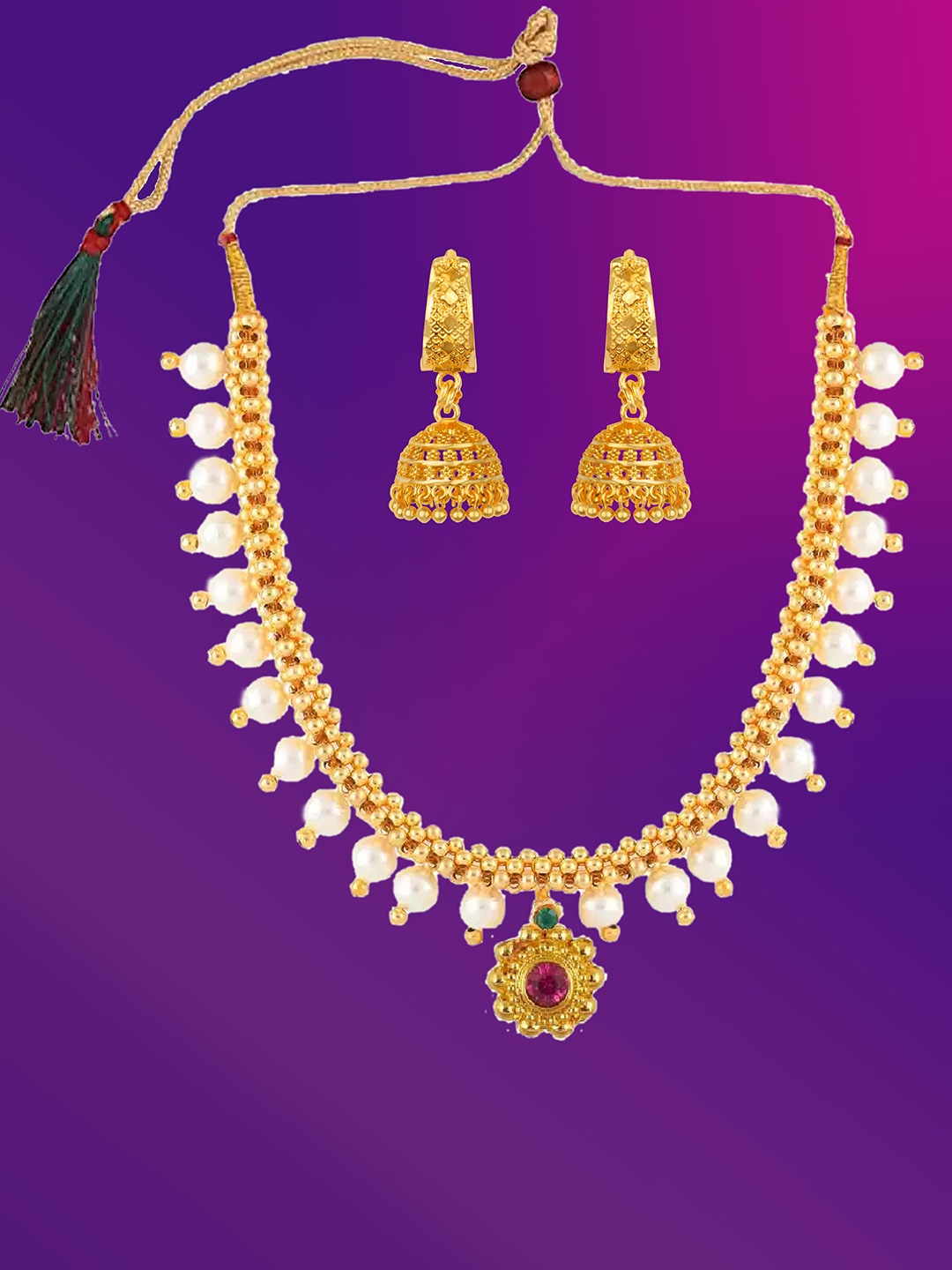 

Lila Gold-Plated Stones Studded & Beaded Jewellery Set