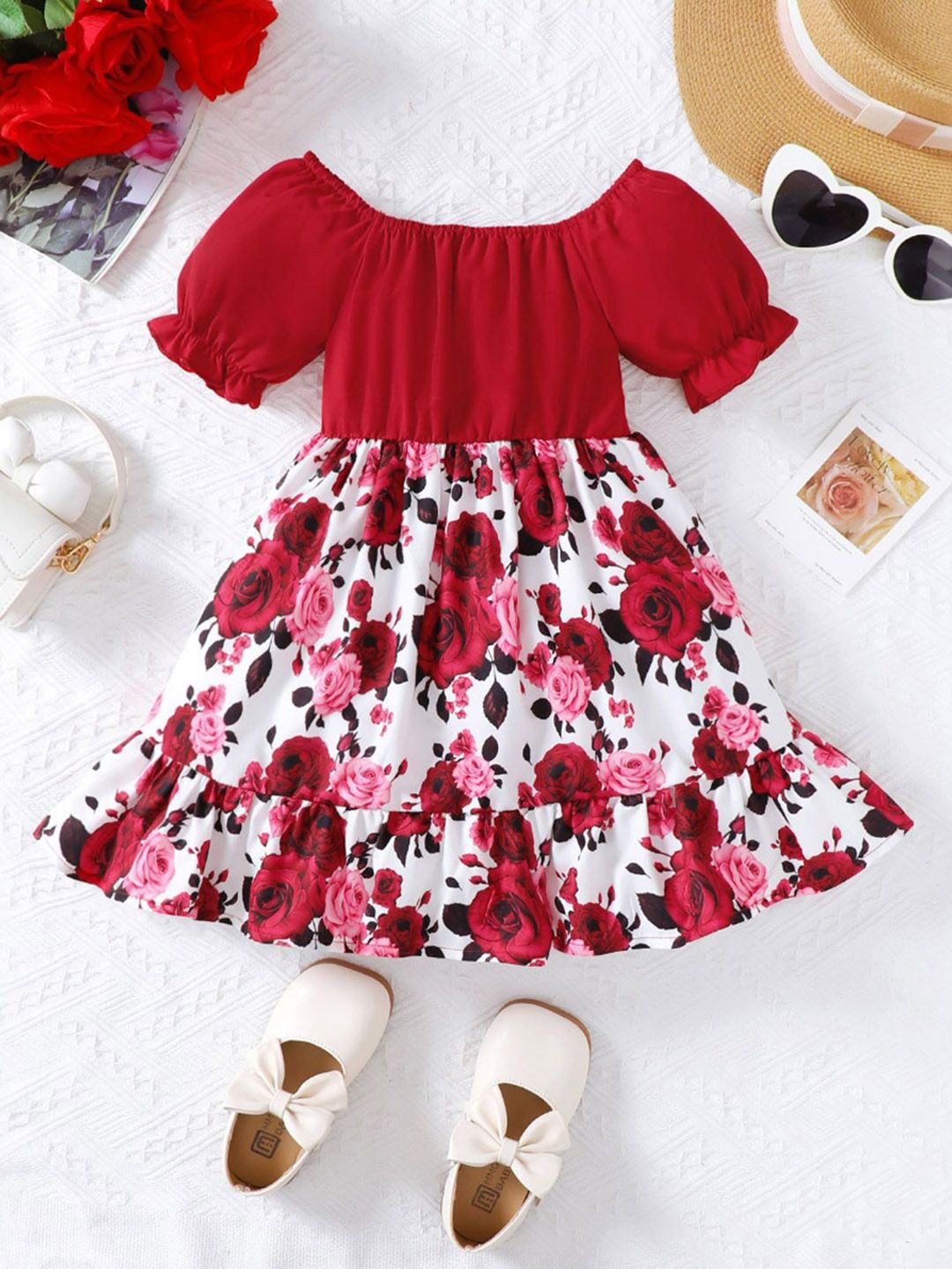 

INCLUD Girls Floral Printed Fit & Flare Dress, Red