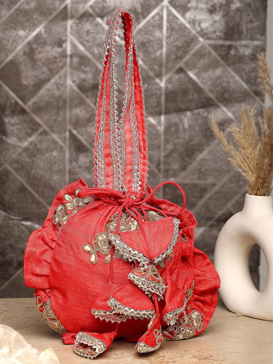 

Dhrohar Embellished Wrist Loop Potli Clutch, Red