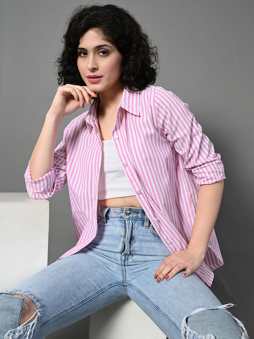 

The Roadster Lifestyle Co. Women Standard Vertical Striped Cotton Casual Shirt, Pink