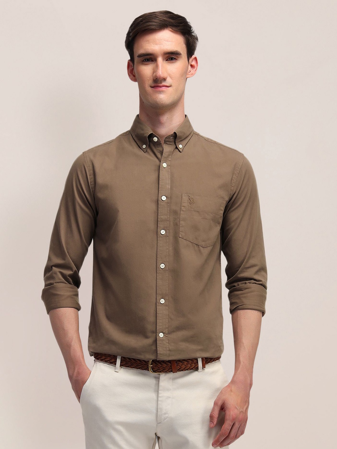 

U.S. Polo Assn. Men Classic Button-Down Collar Solid Cotton Tailored Fit Casual Shirt, Brown