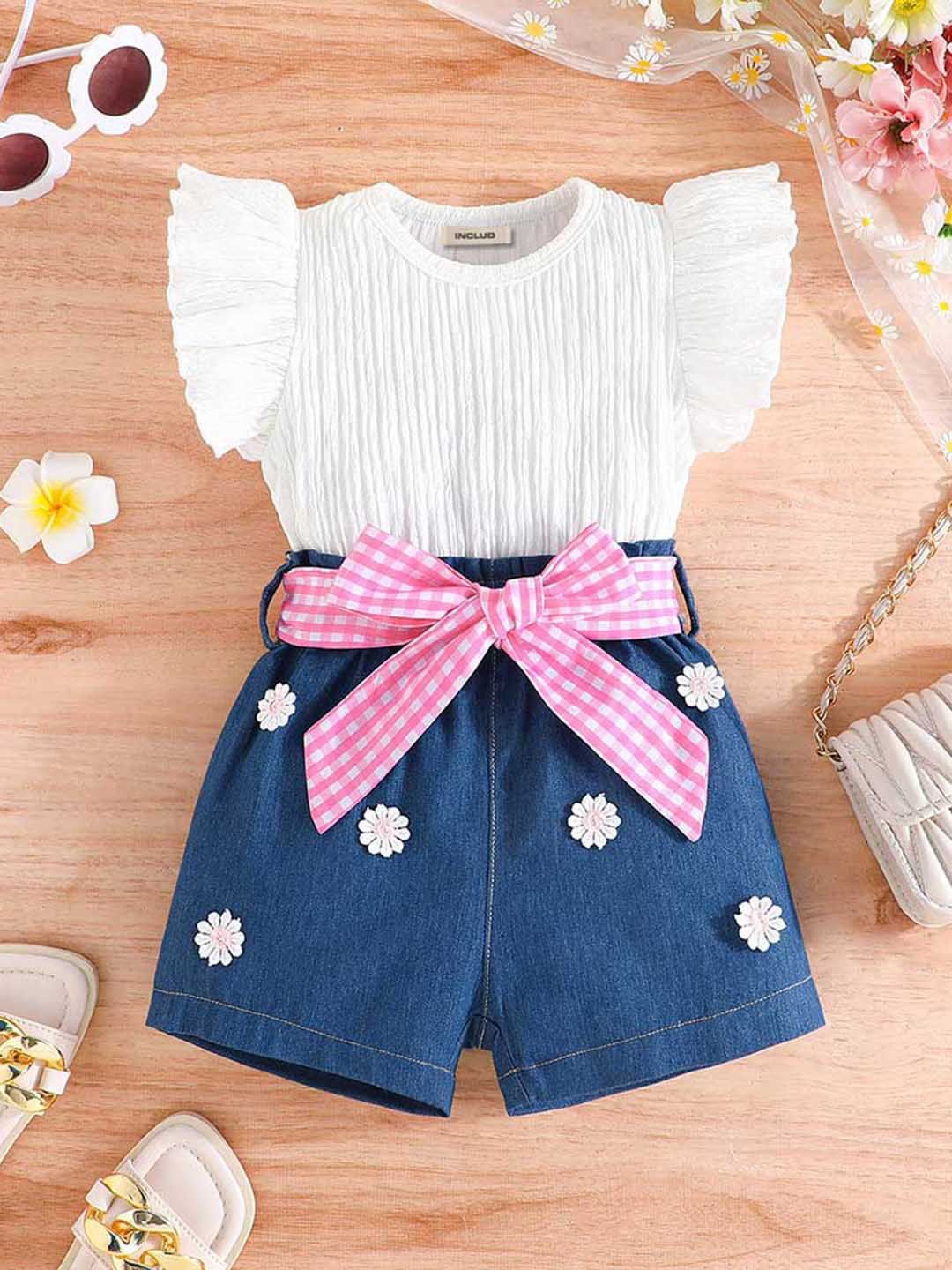 

INCLUD Girls Self Design Round Neck Short Sleeves Top With Shorts, Navy blue