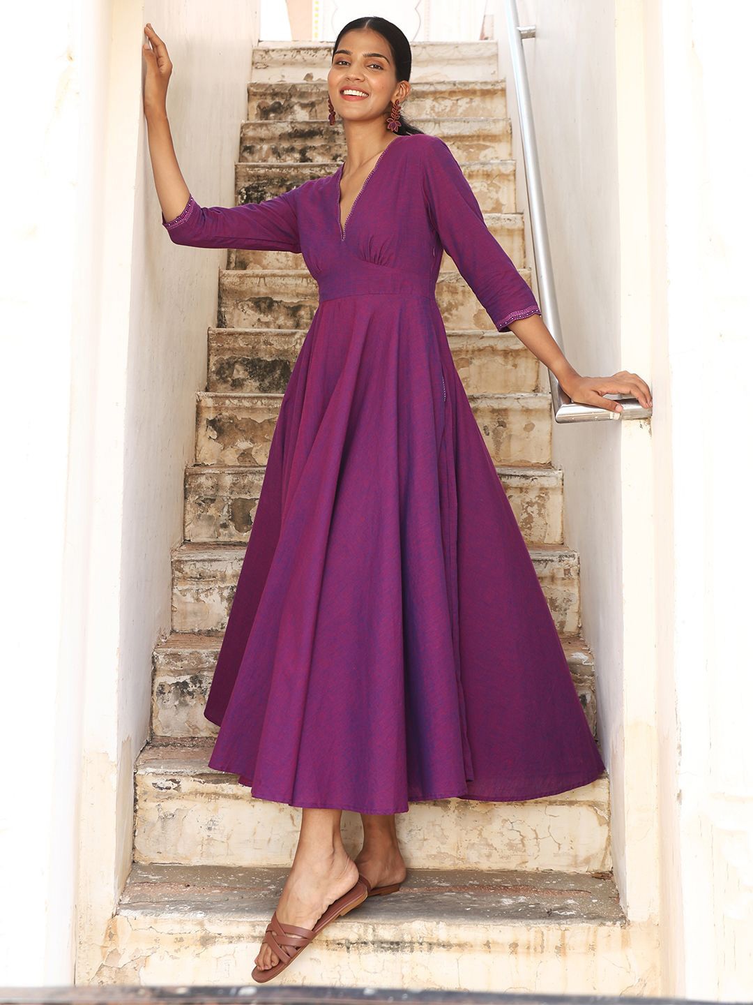 

OKHAI Women Solid Pure Cotton Fit & Flared Ethnic Dress, Purple