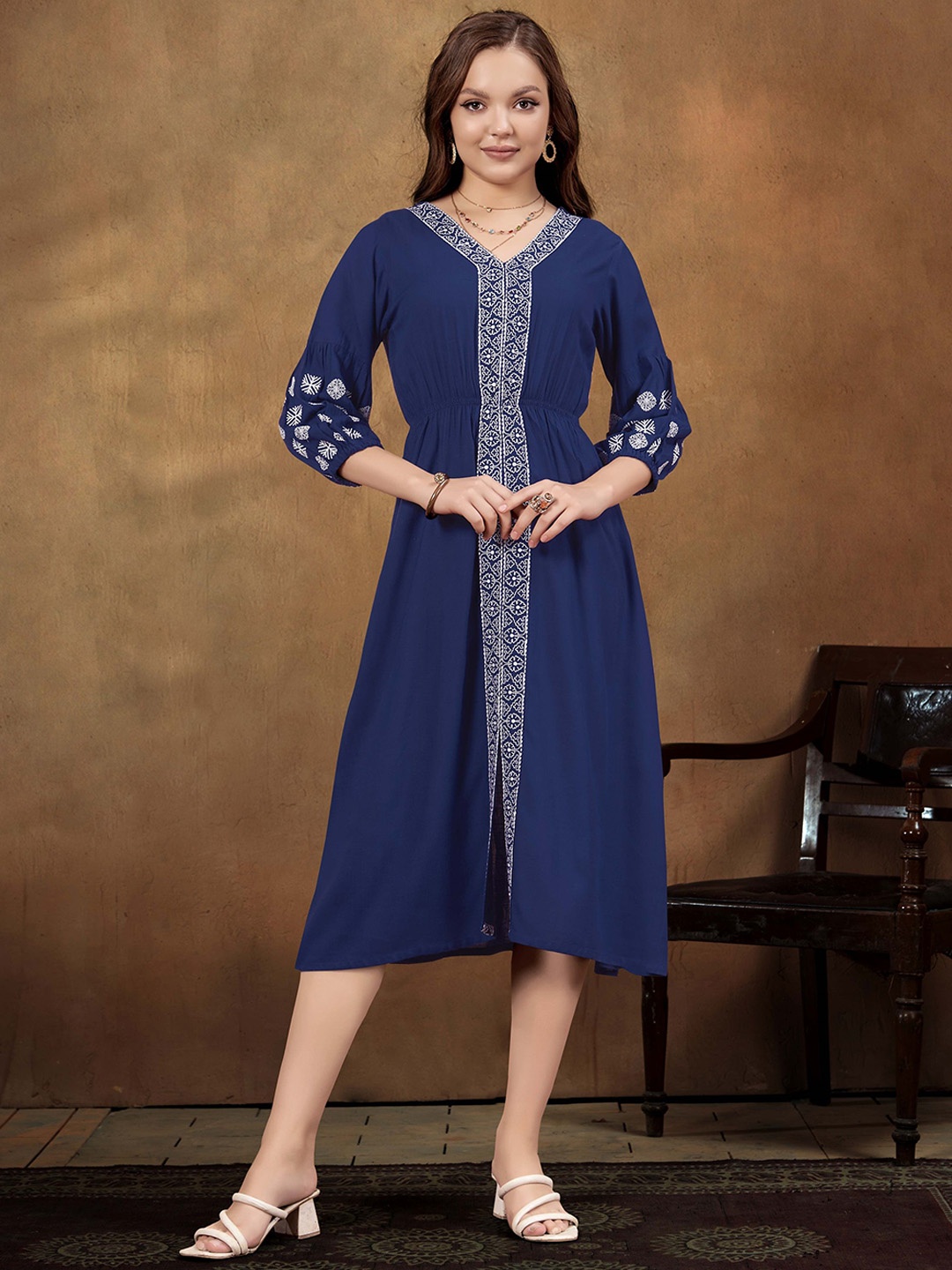 

Anouk Women Embroidered V Neck Ethnic Dresses, Navy blue