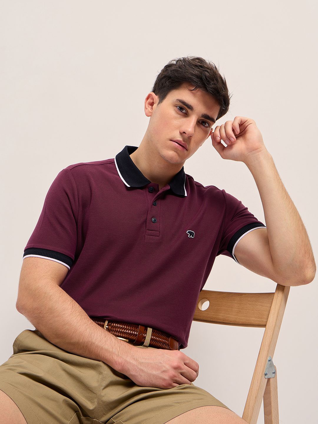 

THE BEAR HOUSE Men Solid Polo Collar Cotton T-shirt, Maroon
