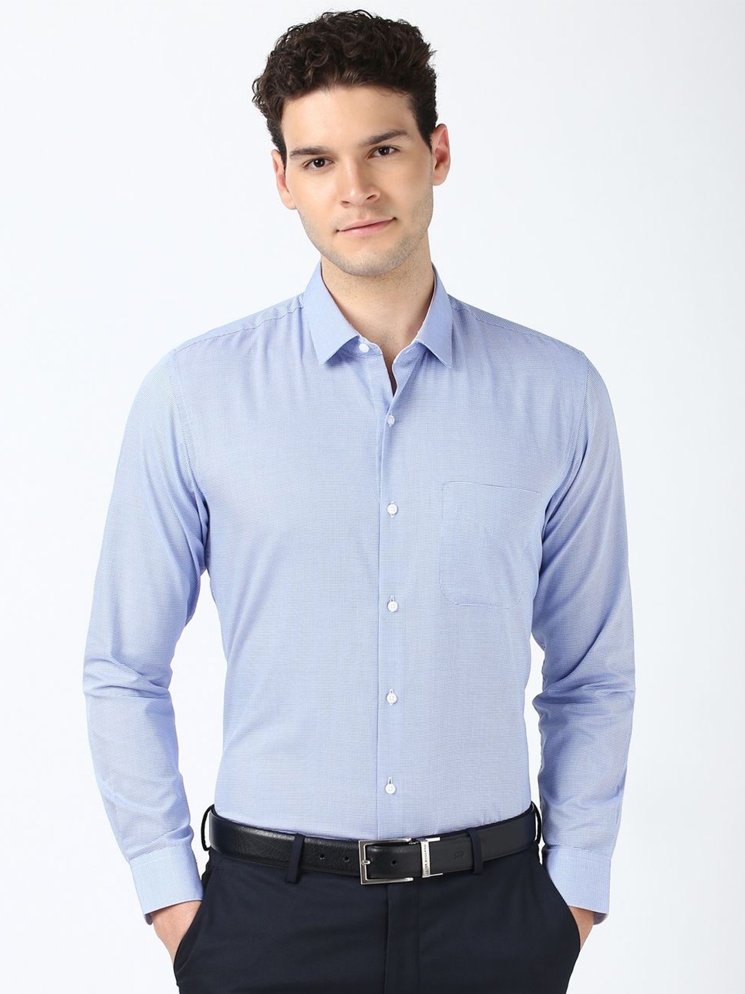 

Peter England Men Spread Collar Solid Cotton Formal Shirt, Blue