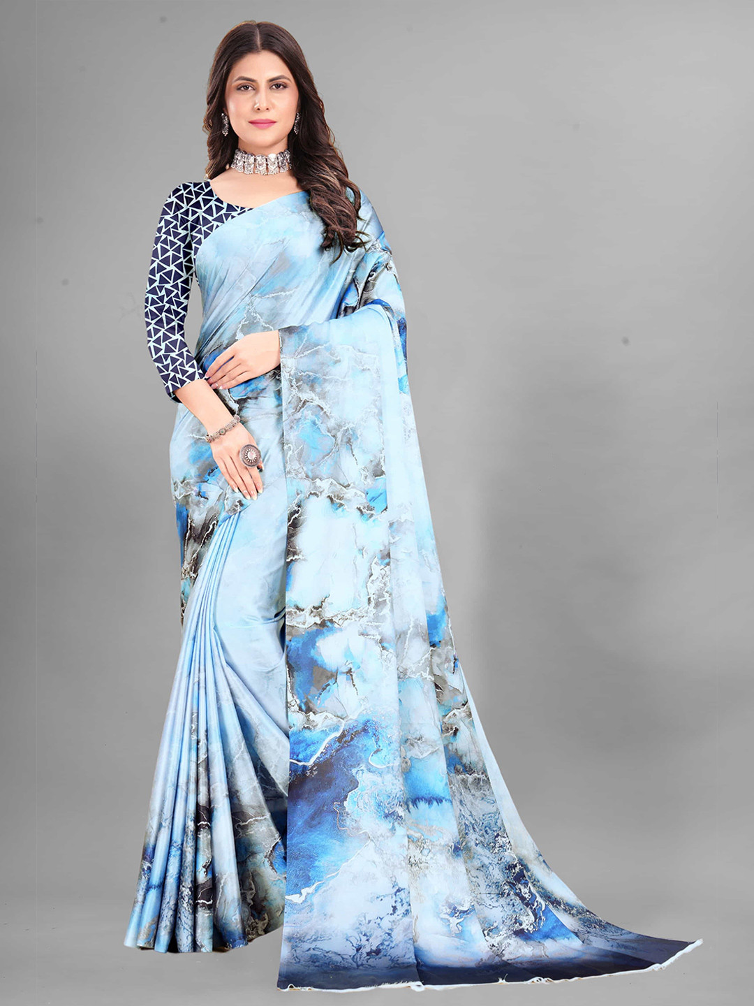 

V3 FASHION STUDIO Satin Digital Print Saree, Blue