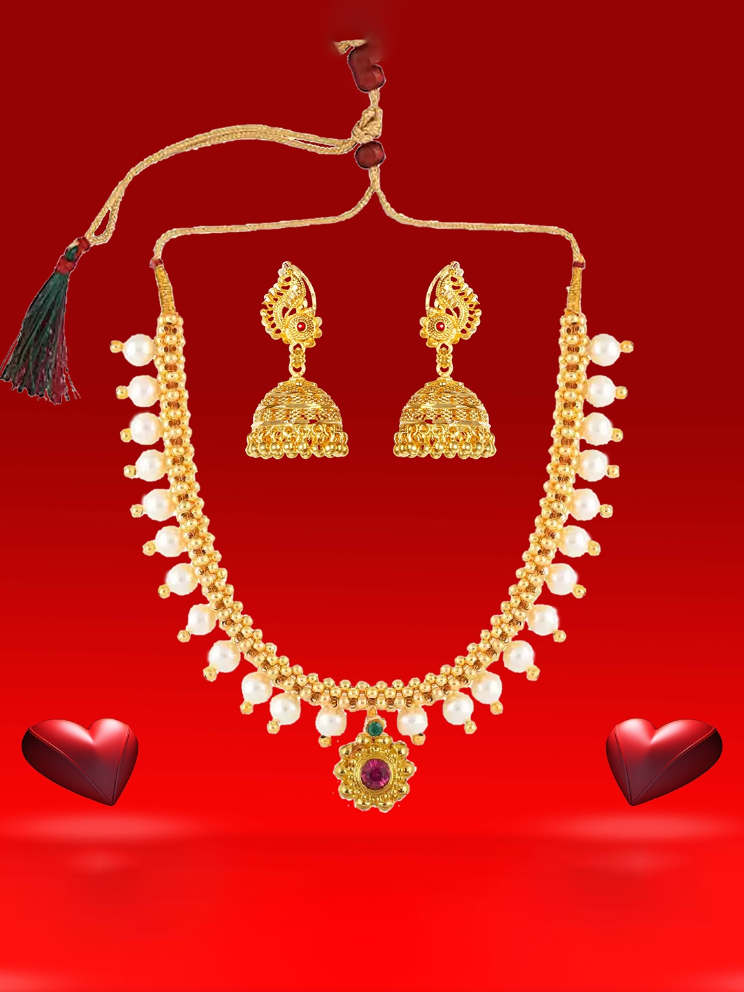 

Heer Collection Gold-Plated Stones-Studded & Beaded Antique Jewellery Set