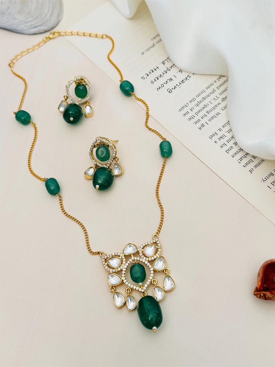 

ABDESIGNS Gold Plated Polki American Diamond-Studded Jewellery Set
