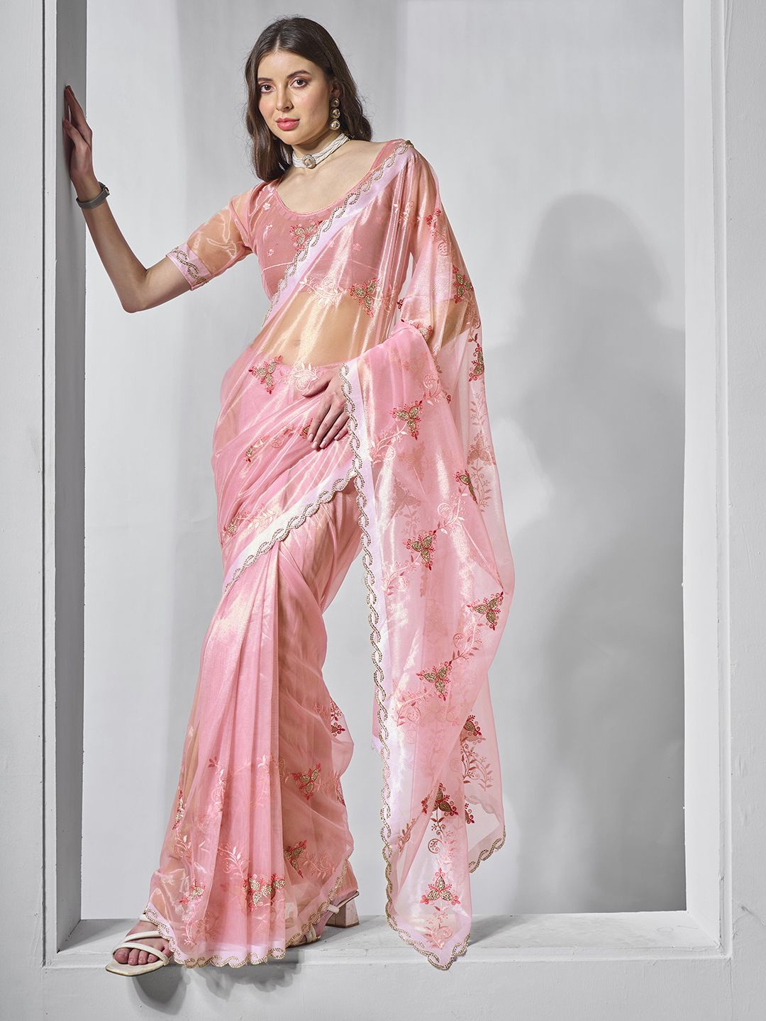 

Mitera Floral Embroidered Organza Saree, Peach