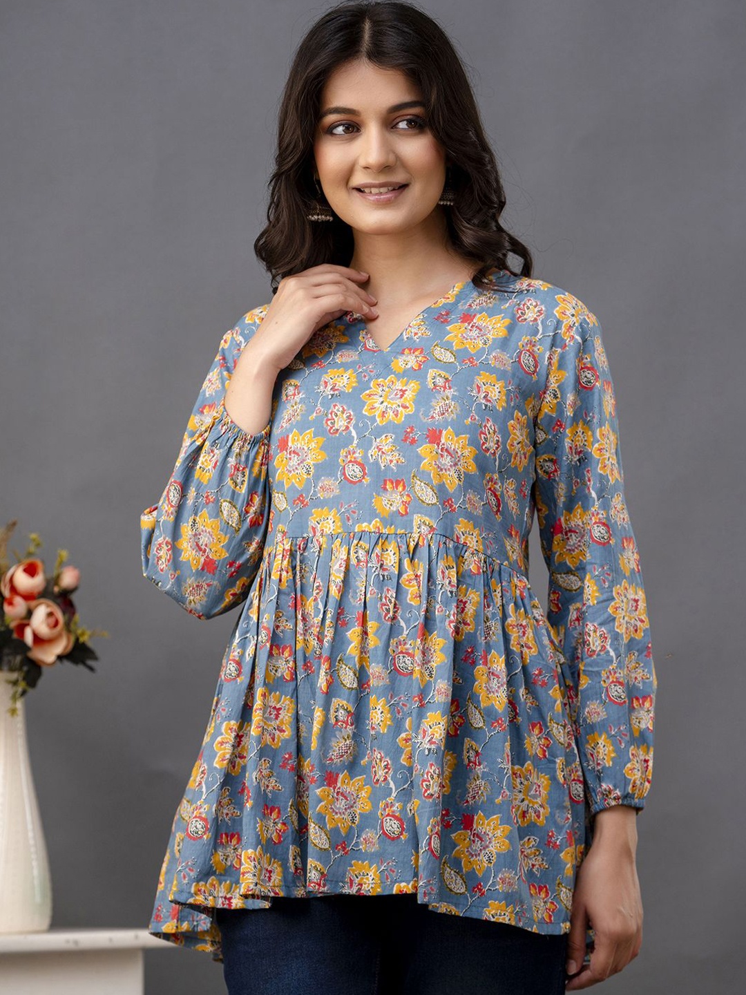 

NISHABD Women Floral Printed Cotton Tunics, Blue