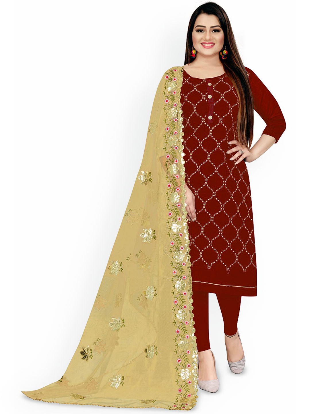 

Maroosh Embroidered Zari Unstitched Dress Material, Maroon