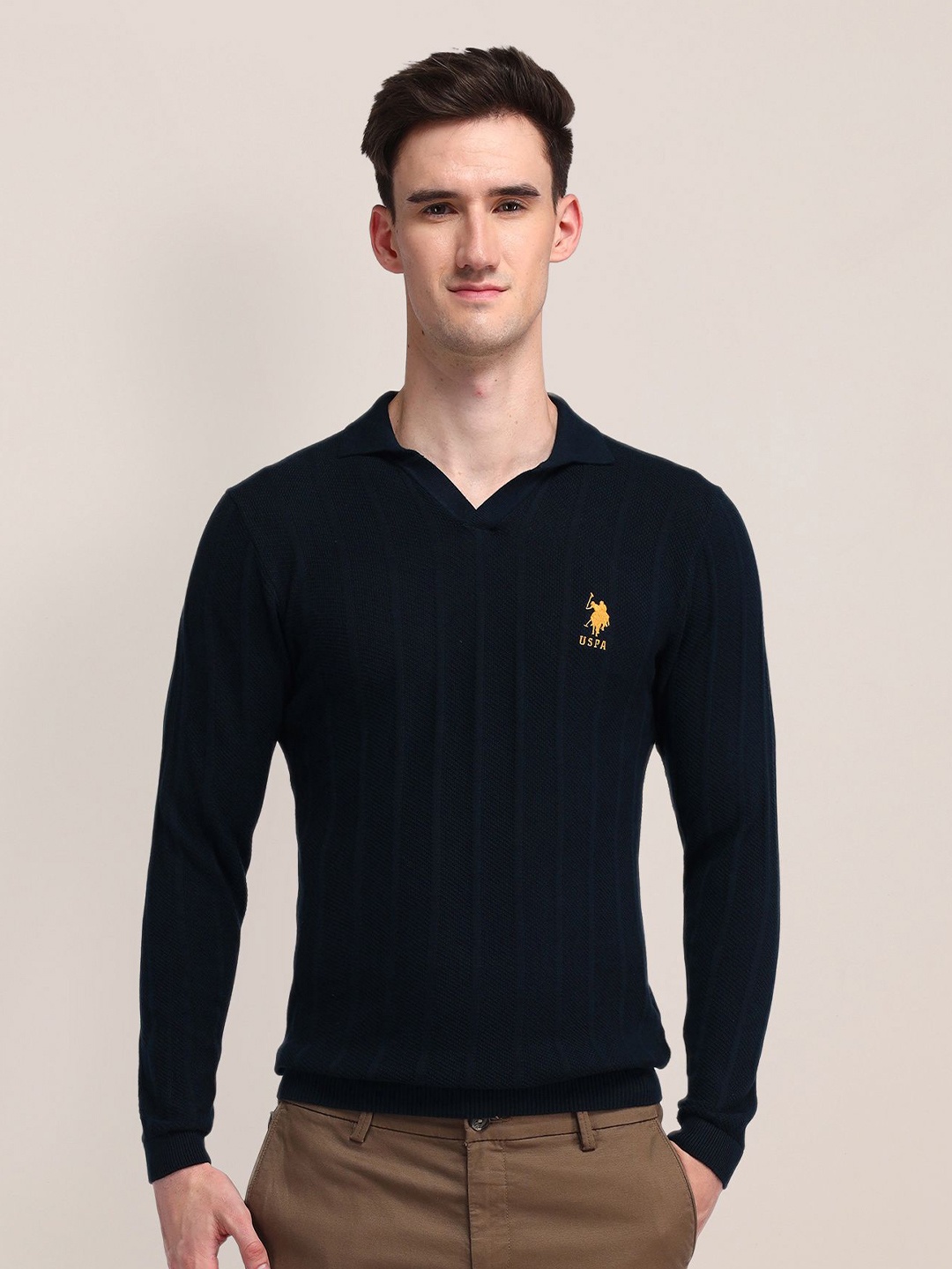 

U.S. Polo Assn. Men Self Design Sweaters, Navy blue