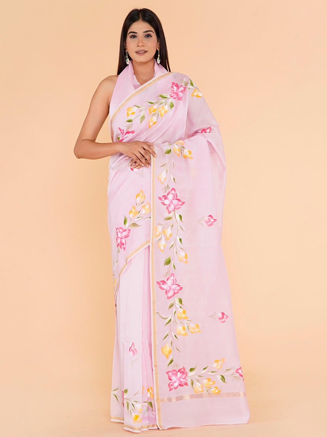 

Shivanya Handicrafts Floral Printed Pure Silk Zari Saree, Pink