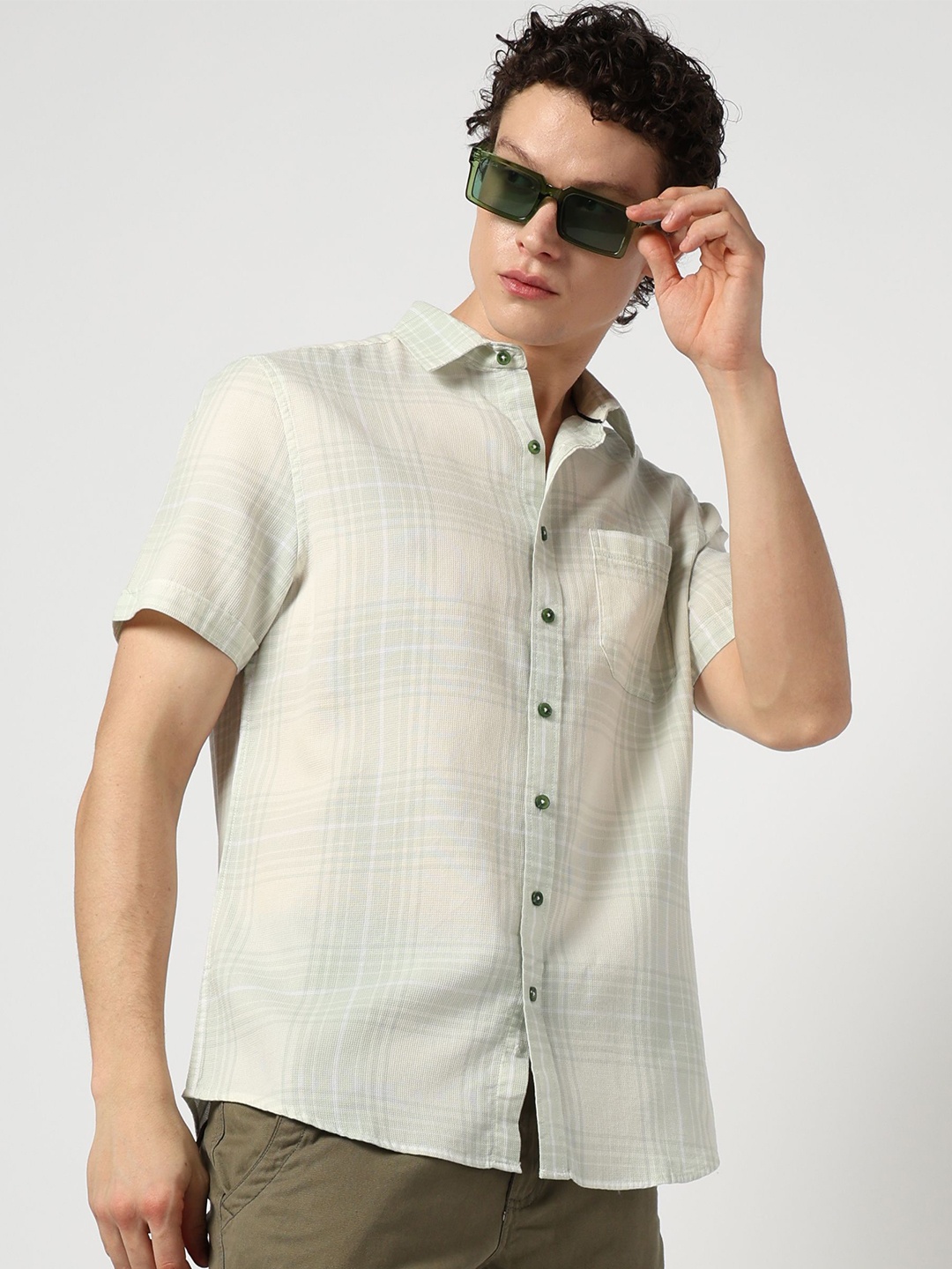 

Blue Buddha Men Comfort Spread Collar Tartan Checked Cotton Tailored Fit Casual Shirt, Sea green