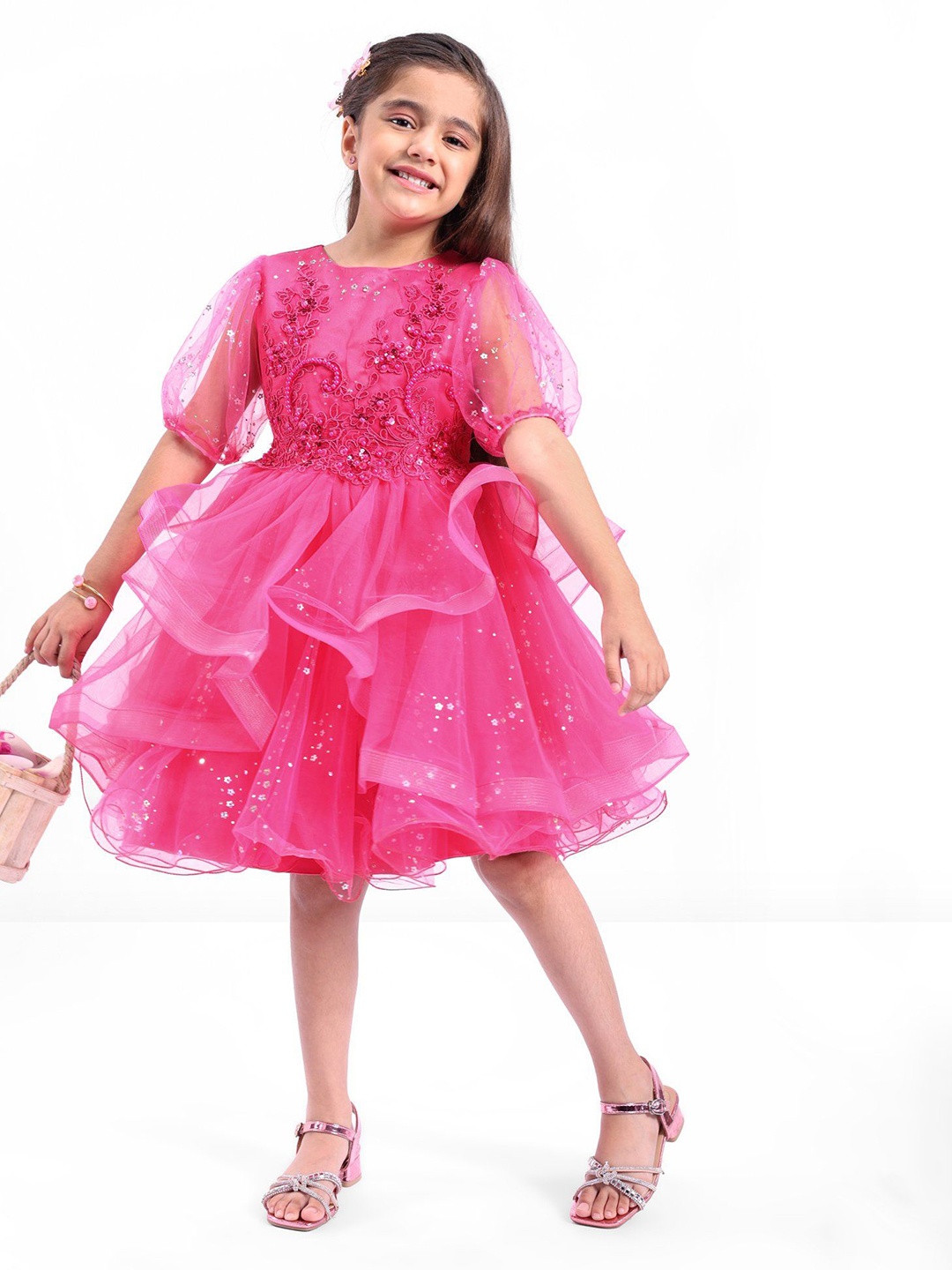 

Mark & Mia Girls Knee Length Party wear Frock With Frills & Embroidered Dress, Pink