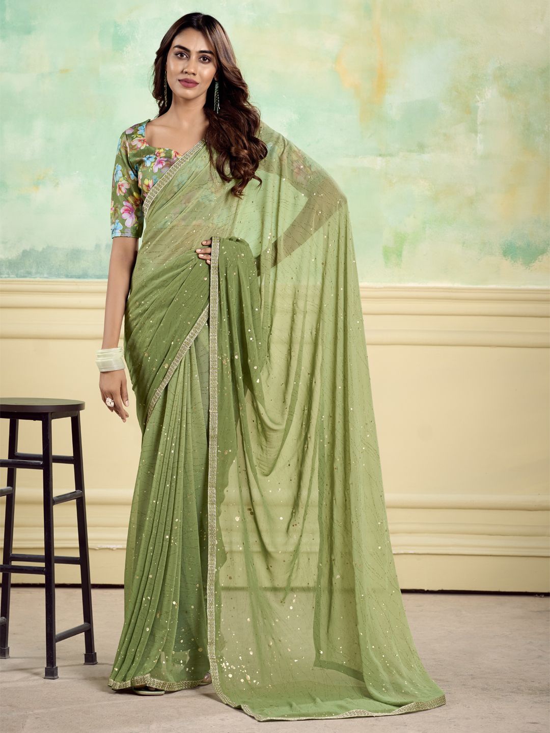 

CHUDIYA Woven Design Pure Georgette Saree, Green