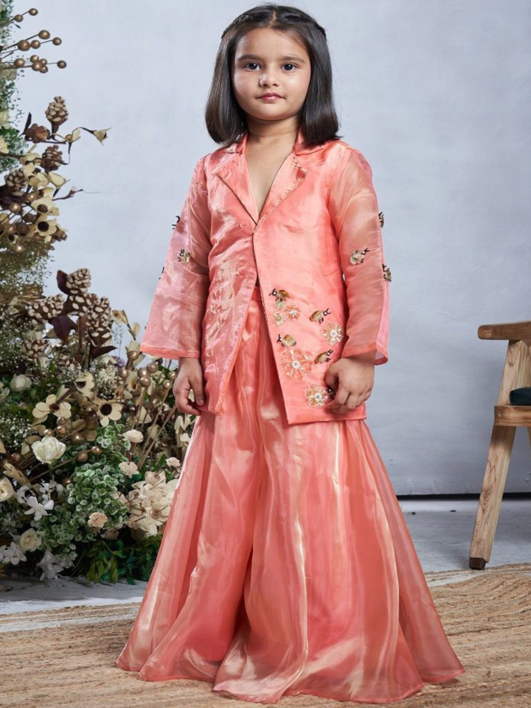 

Vivedkids Girls Floral Embroidered Kurti with Sharara, Peach