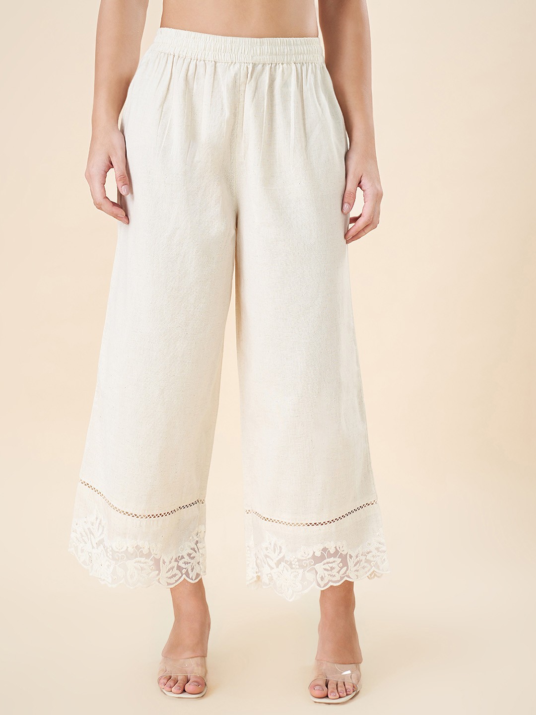 

RANGMANCH BY PANTALOONS Women Flared Trousers, Cream